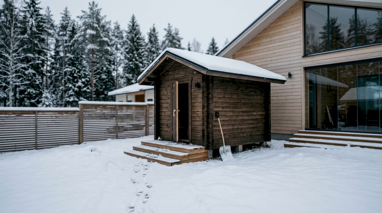 Small wooden sauna in snowy backyard