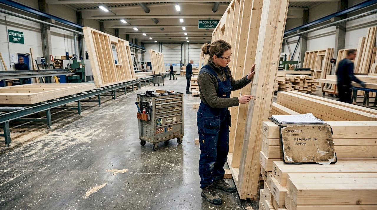En fagarbeider sjekker ferdigproduserte veggelementer i produksjonshallen.