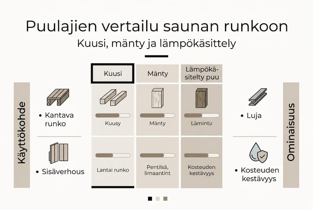 Saunan rungon puulajien ominaisuudet – vertailu havainnoillisesti