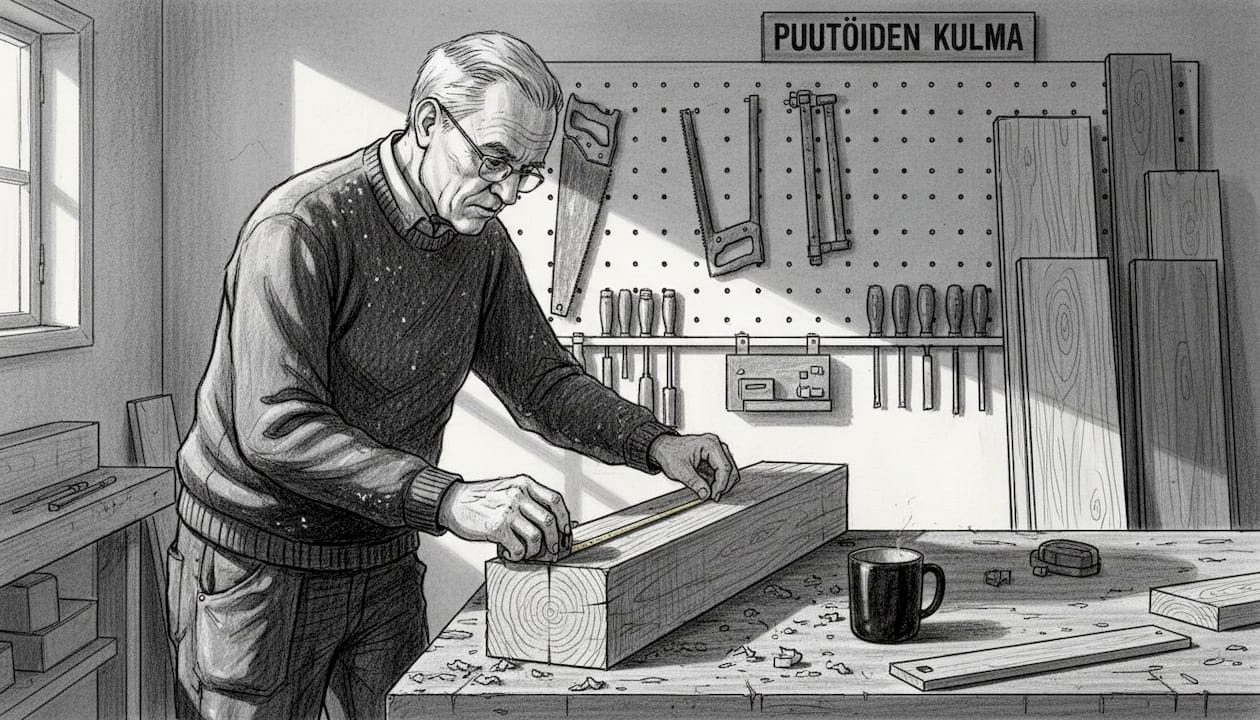 Mies mittaamassa kuusipuista palkkia verstaalla.