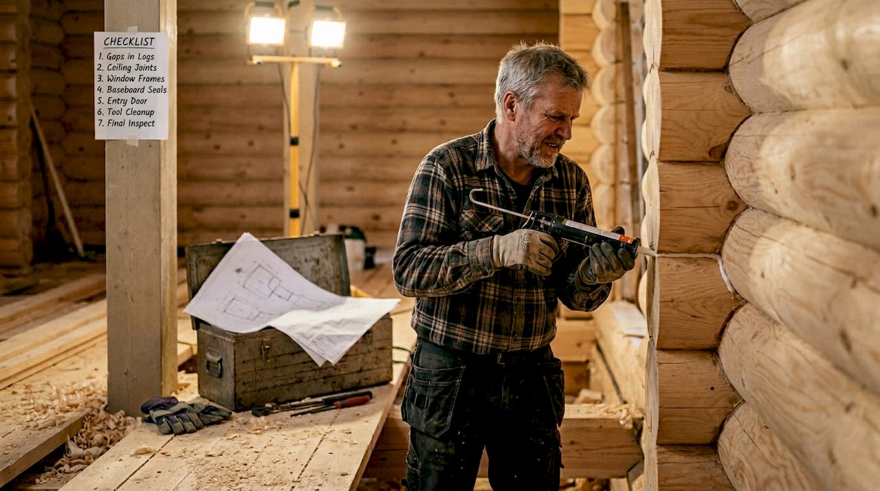 Builder sealing log wall corner interior joint