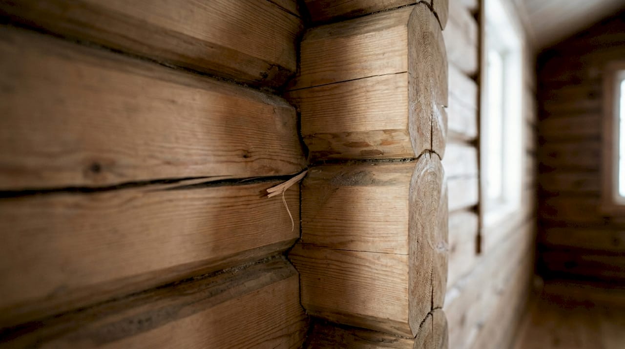 Detaljbilde av sammenføyning med not og fjær i en tømmervegg