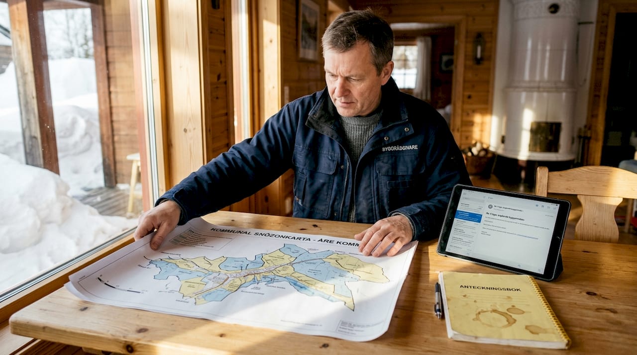 Byggrådgivaren rullar ut snözonkartan på köksbordet och förklarar vad den betyder för husbygget.