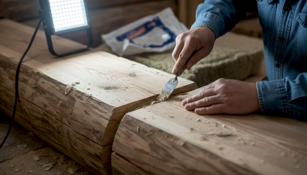 Ein Handwerker bringt frische Dichtmasse in die Fuge zwischen zwei Holzbalken ein.