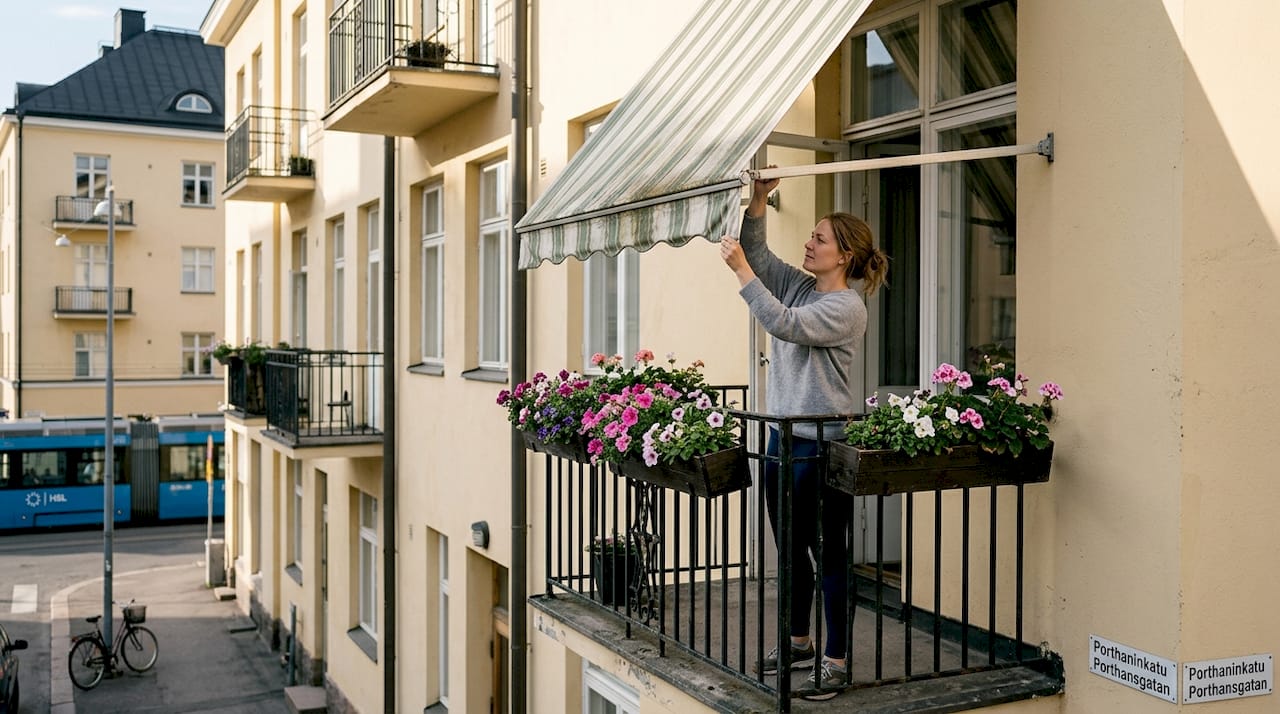 Helsinkiläinen nainen säätää parvekkeensa käsikäyttöistä markiisia