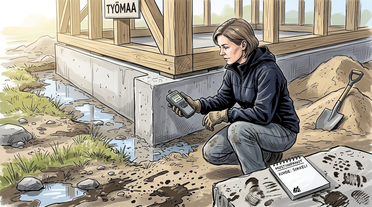 Insinööri mittaa puualustan kosteutta.