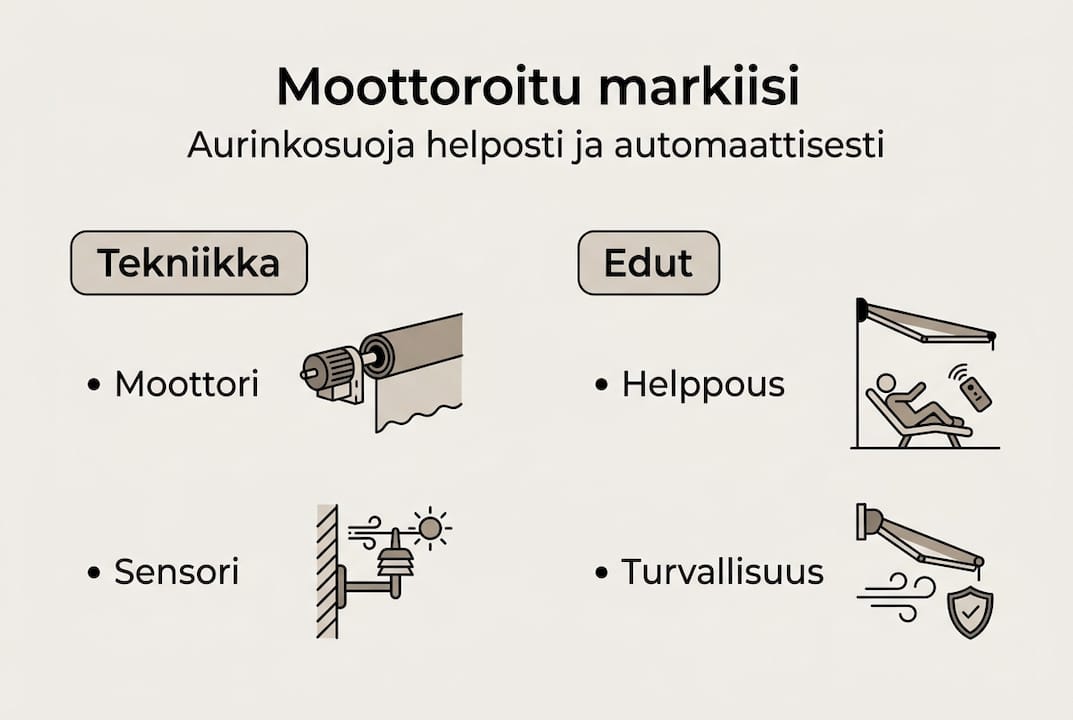 Havainnollistava kuva motorisoitavien markiisien eduista ja ominaisuuksista