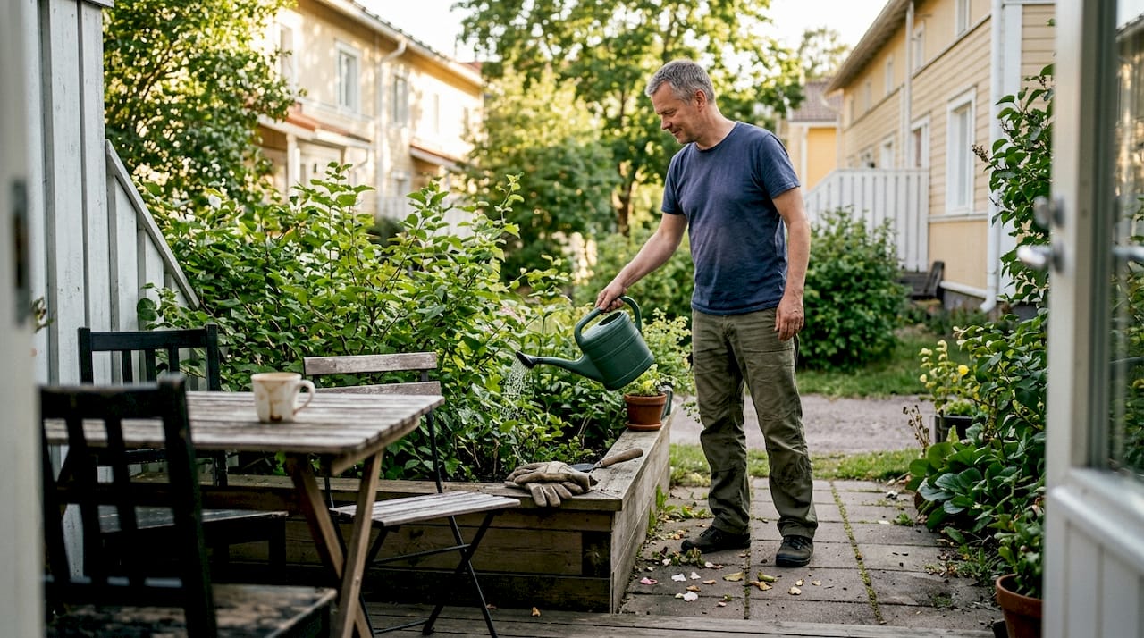 Mies kastelee terassin reunalla kasvavia pensaita saadakseen lisää näkösuojaa.