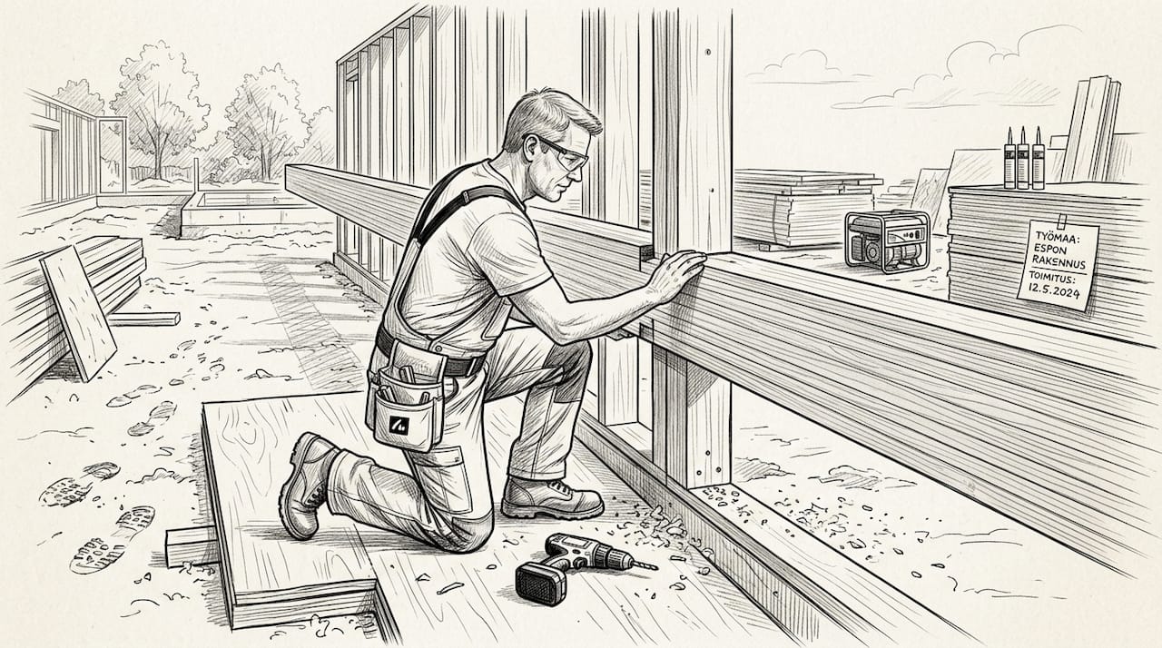 Puuseppä käy työmaalla tarkistamassa liimapuun liitoksen kunnon.