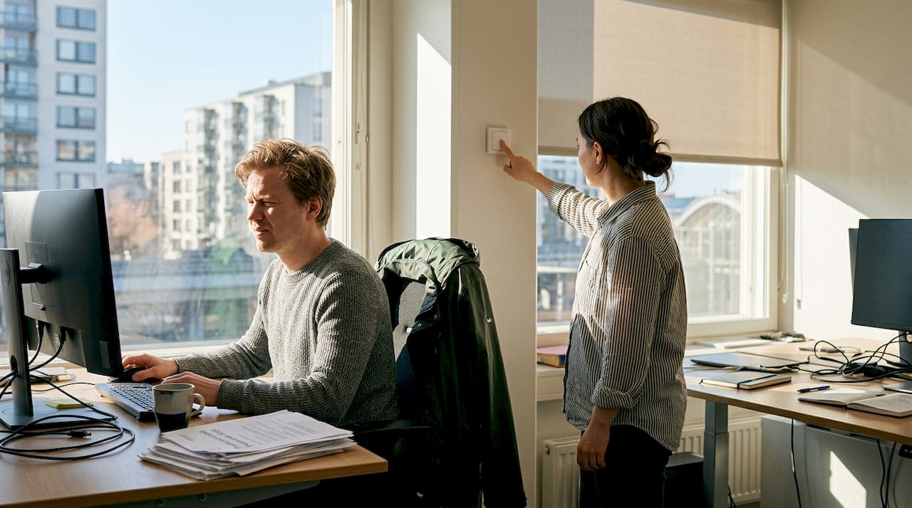Helsingin toimistolla työntekijät säätävät älykkäitä aurinkosuojia tarpeen mukaan.