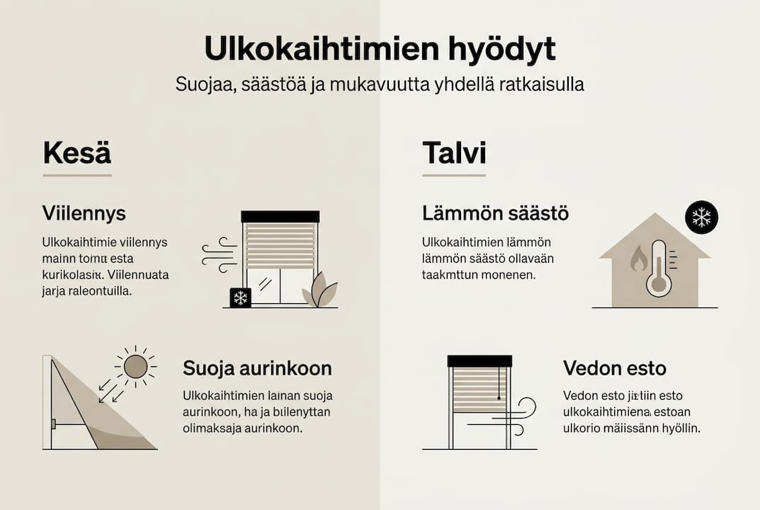 Infografiikka: Ulkokaihtimien hyödyt vuoden eri aikoina – viileyttä kesään, lämpöä talveen