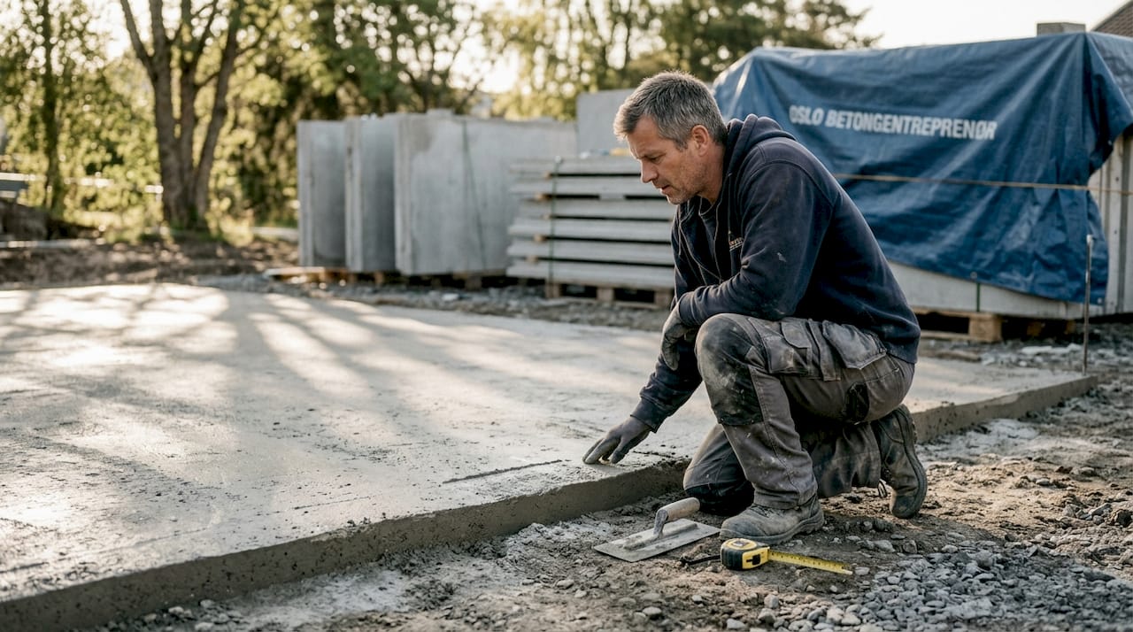 Byggmesteren inspiserer grunnmuren på det nye ferdighuset.