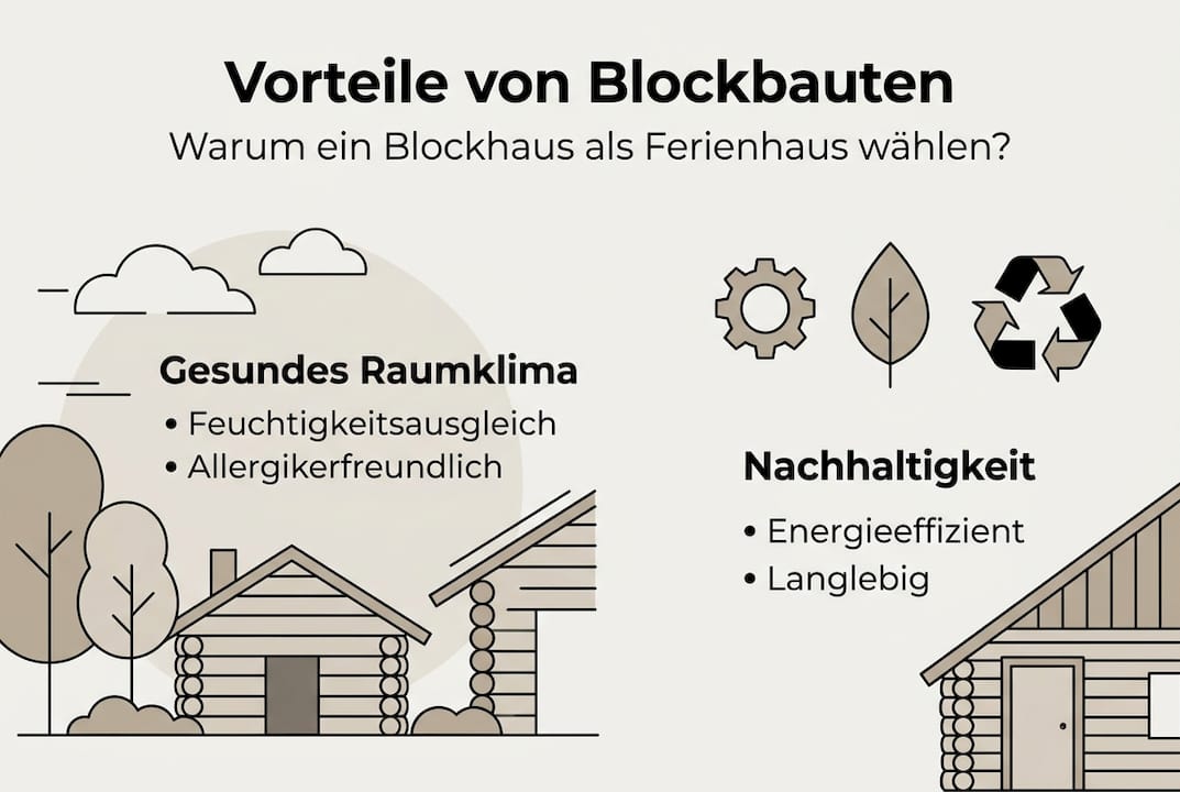 Infografik: Die Vorteile von Blockhäusern und verschiedene Bauarten im Überblick