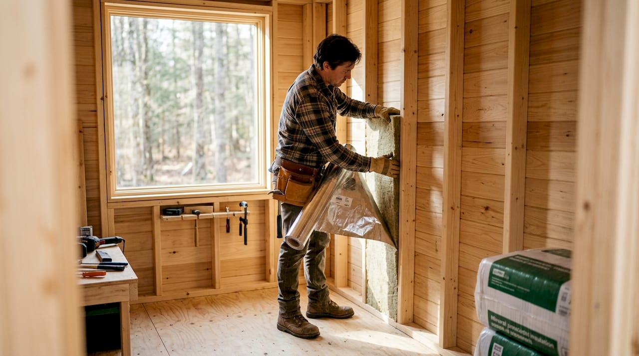 Worker installing insulation in wood sauna