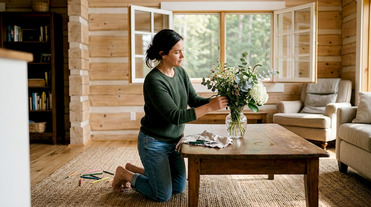 Eine Frau steckt in einer gemütlichen Blockhütte frische Blumen in eine Vase und sorgt so für eine wohnliche Atmosphäre.