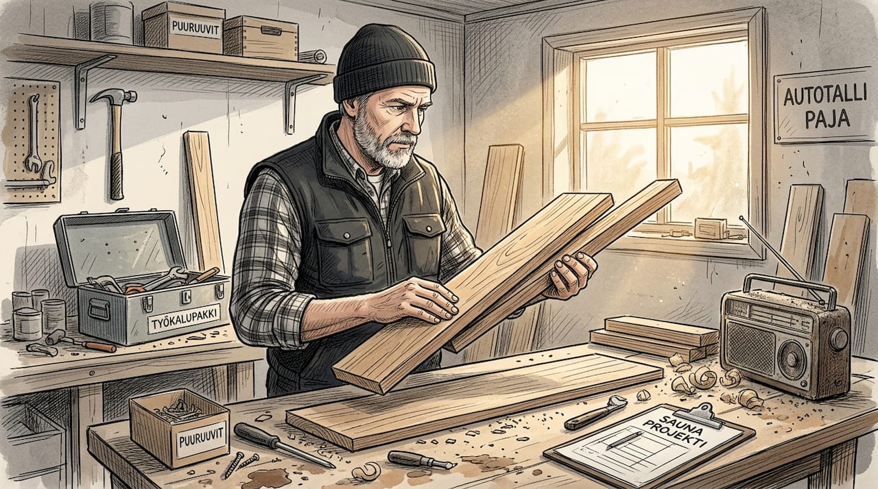 Rakentaja vertailee eri puulajeja saunan materiaaliksi ja pohtii, mikä niistä kestää parhaiten lämpöä ja kosteutta.