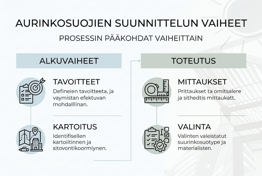 Aurinkosuojaratkaisun suunnittelun tärkeimmät vaiheet – infograafi