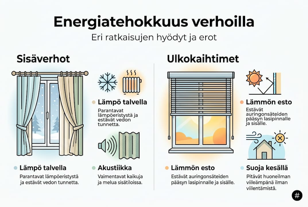 Havainnollistava kuva verhojen vaikutuksesta energiansäästöön