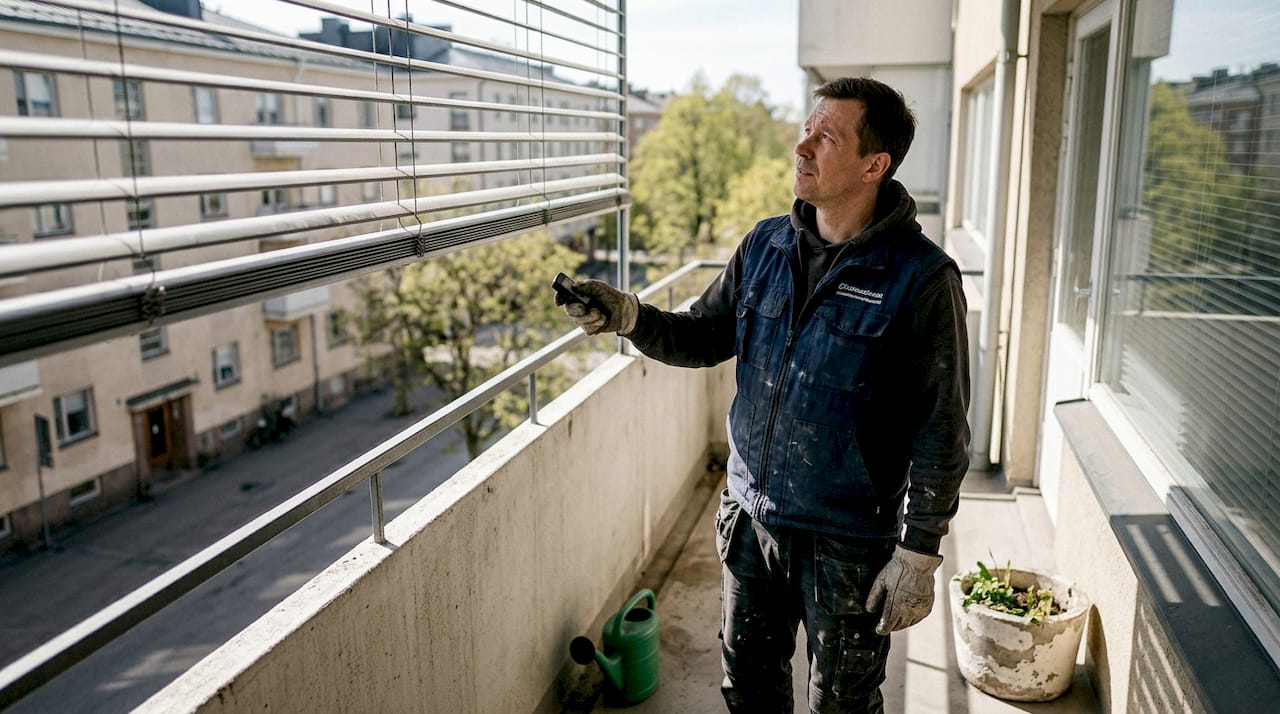 Työntekijä asentaa ulkokaihtimia auringonsuojaksi.