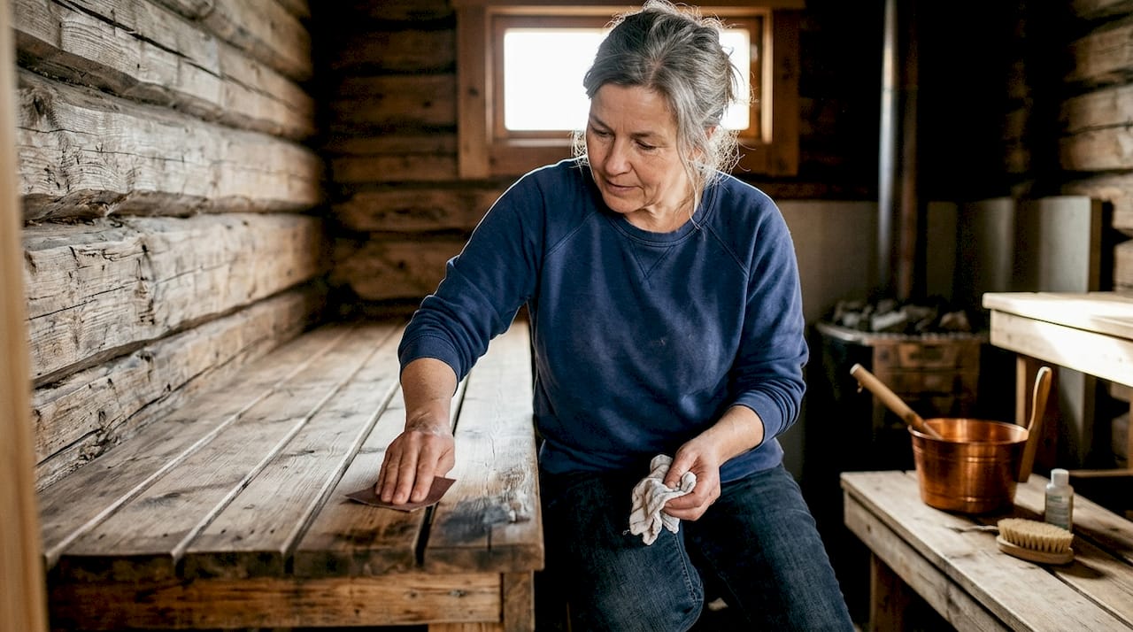Woman sanding sauna bench for restoration