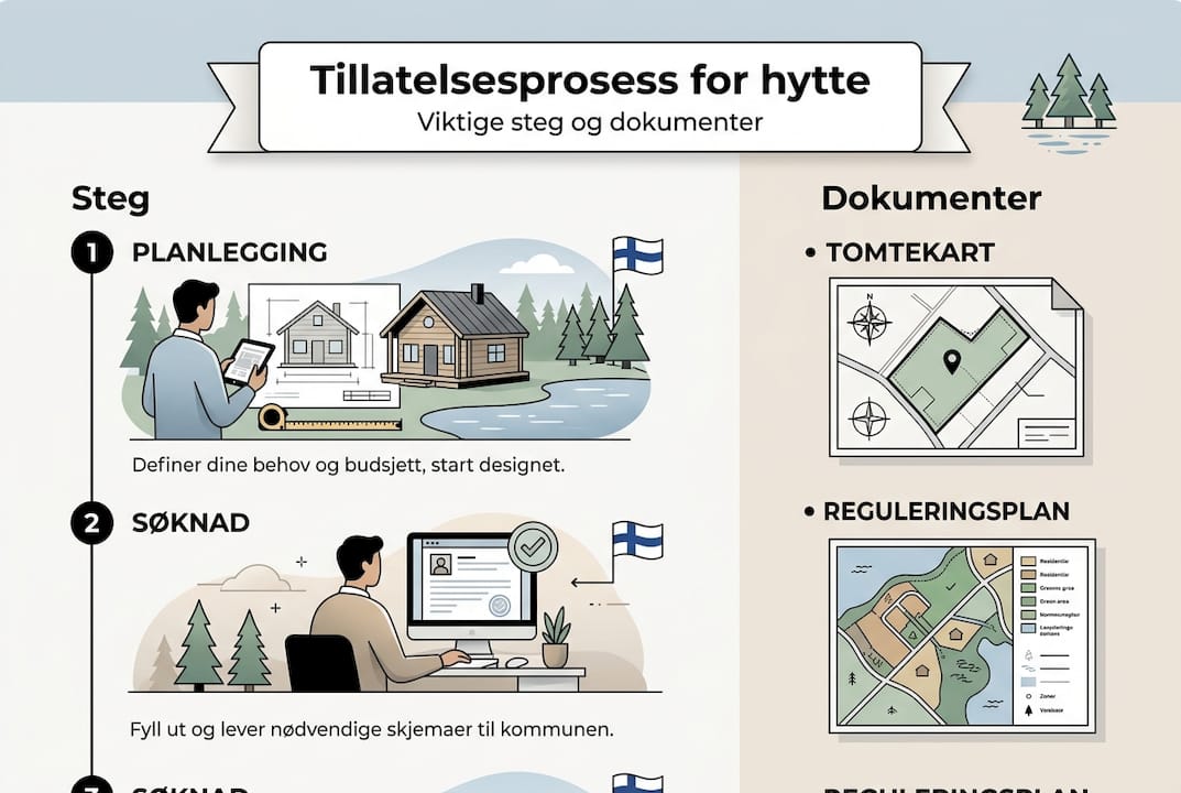 Oversiktlig infografikk som viser hvilke steg og papirer du trenger når du skal bygge hytte
