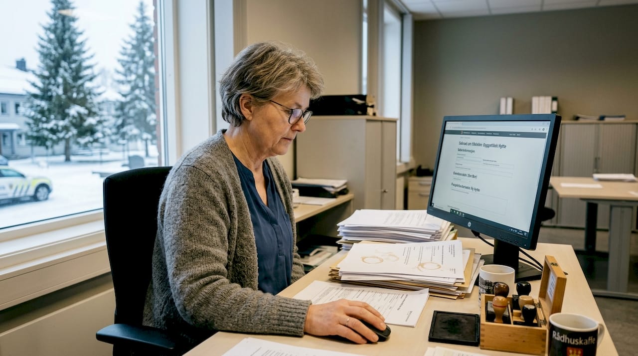 En saksbehandler utarbeider byggesøknaden for hytta.