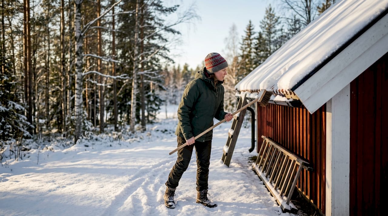 En kvinna inspekterar hur mycket snö som har lagt sig på taket till sin stuga.