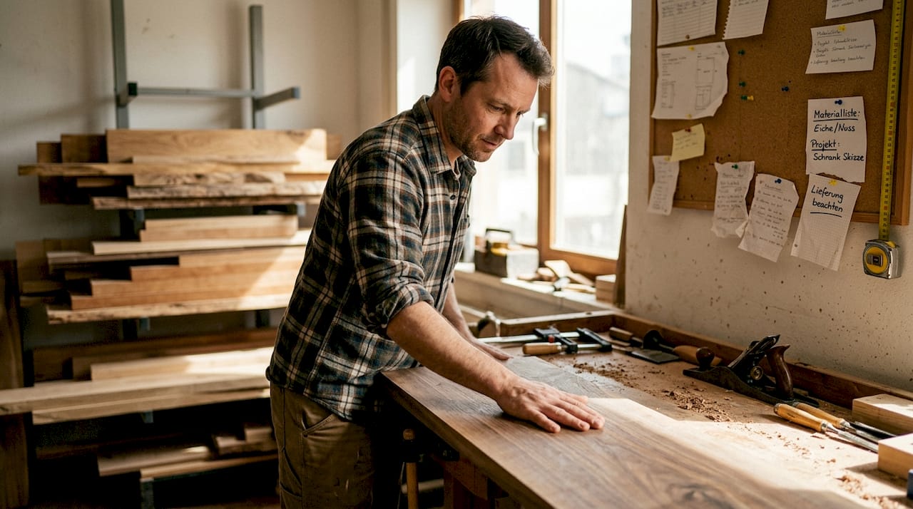 Ein Bauherr informiert sich über verschiedene Holzarten, um die beste Wahl für sein Finanzierungsprojekt zu treffen.