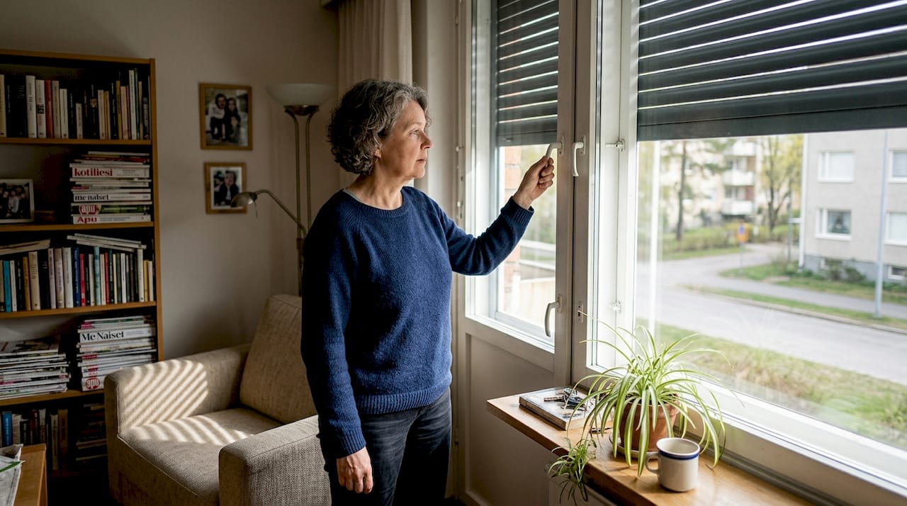 Nainen sulkee olohuoneen ulkopuolisia sälekaihtimia sisältä käsin.