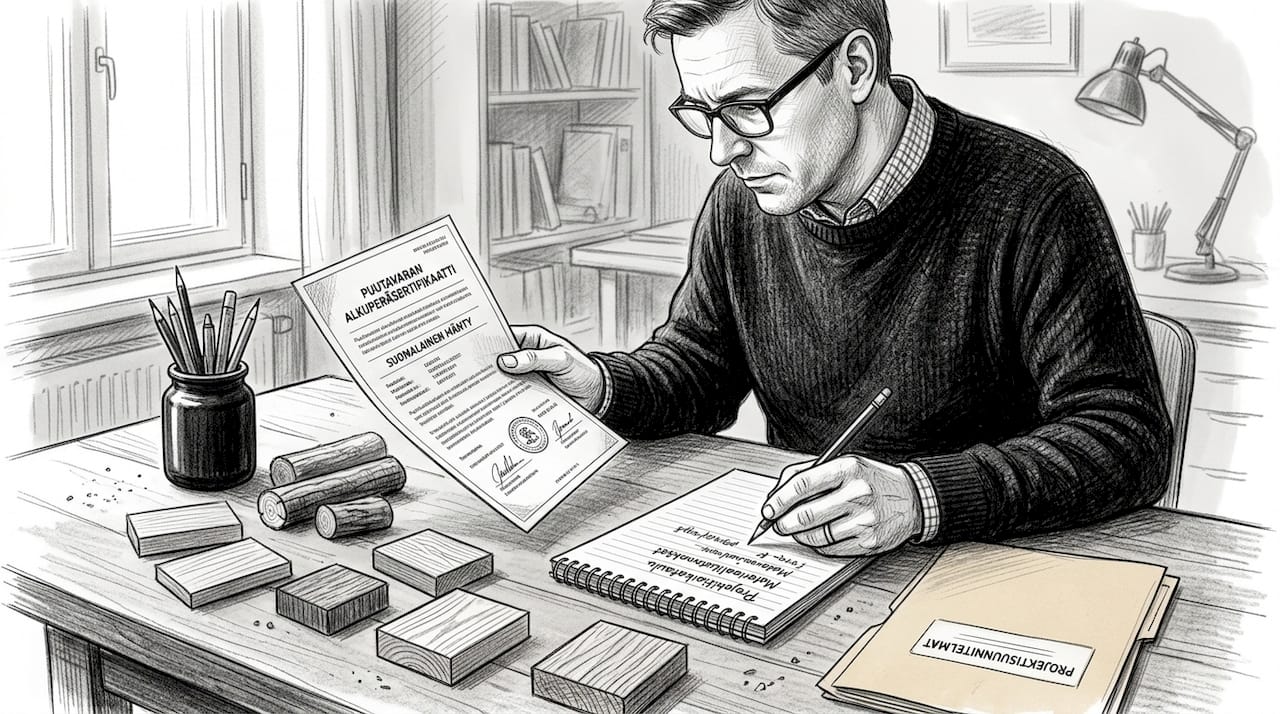 Asiantuntija tarkastaa puunäytteitä ja niiden sertifikaatteja varmistaakseen laadun ja alkuperän.