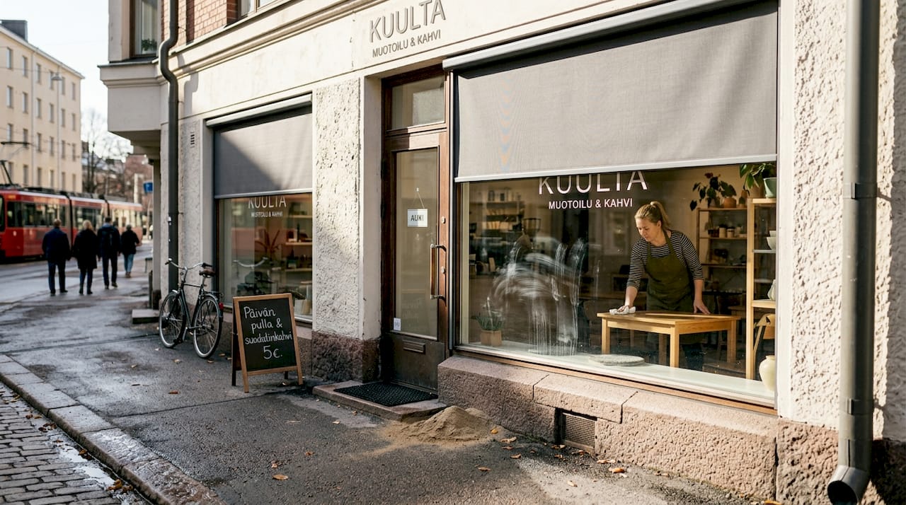 Liiketilan julkisivu ulkoisilla aurinkosuojaratkaisuilla