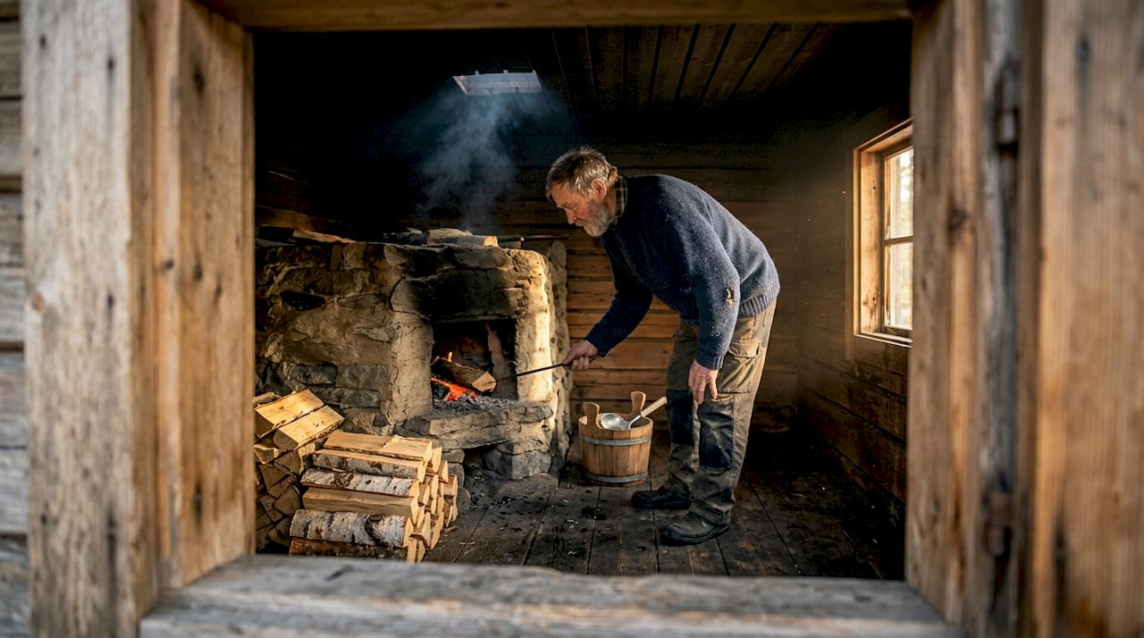 Ein Mann kontrolliert die Glut im Ofen der Savusauna.
