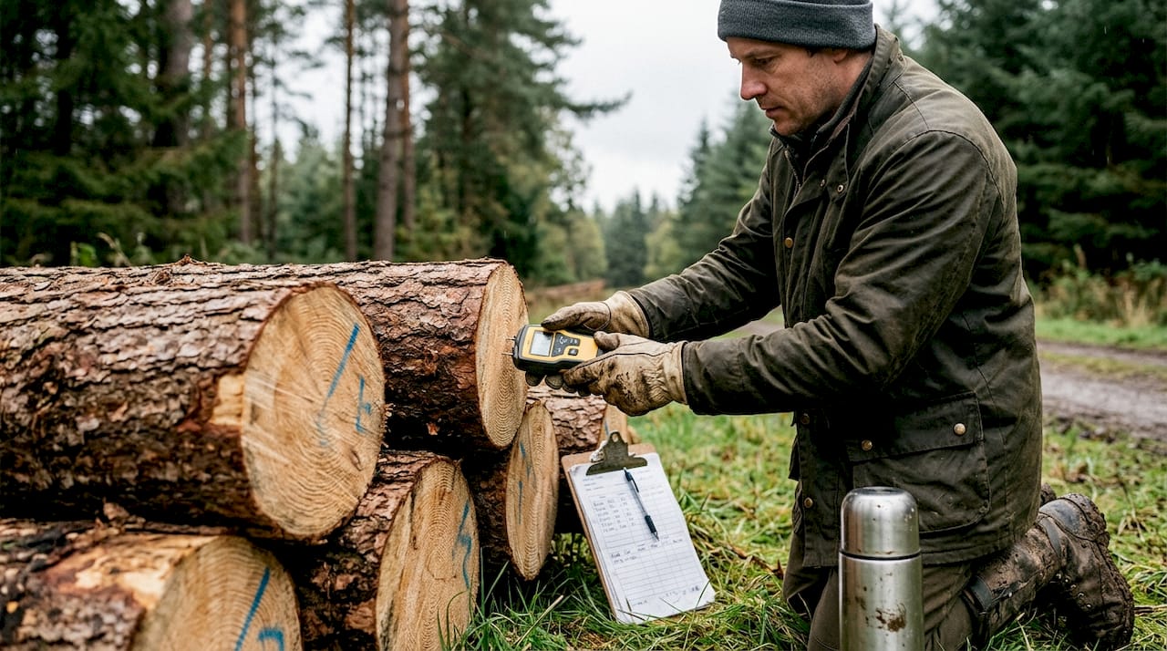 Worker grading and measuring pine logs