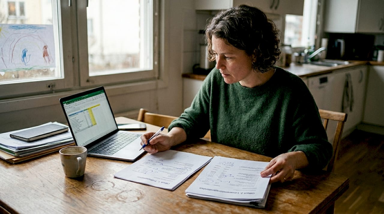 Kvinna går igenom bygginstruktioner vid köksbordet hemma