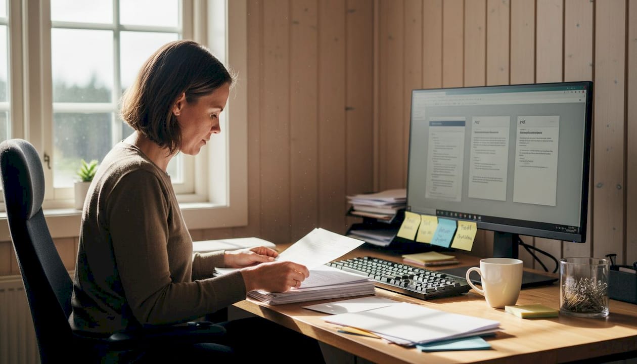 En kvinne sitter hjemme og går gjennom byggepapirer.