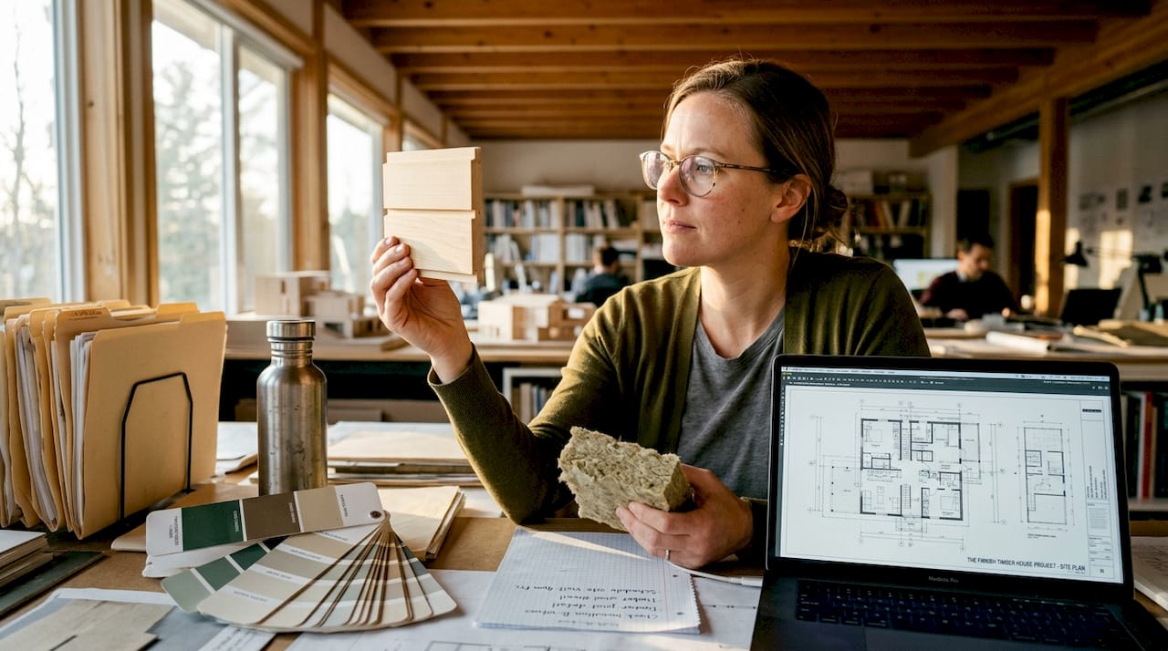 Architect examining timber cottage materials
