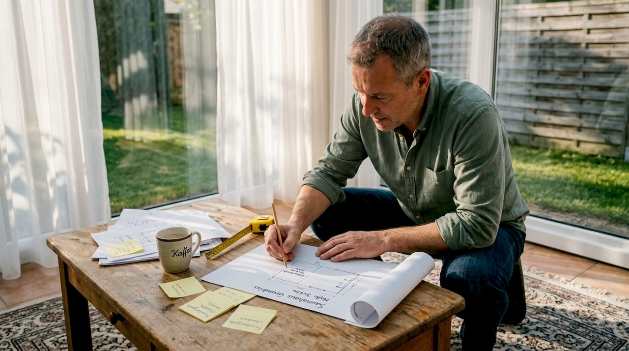 Ein Hausbesitzer entwirft eigenhändig die Pläne für seine individuelle Sauna im Garten.