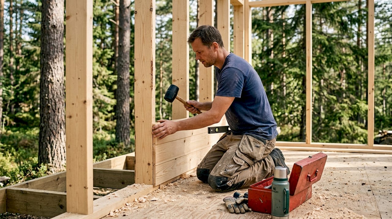 Snekker i full sving med å sette opp veggen på en tømmerhytte.
