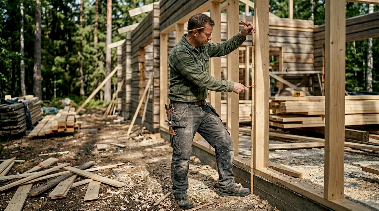 En hantverkare står ute i skogen och mäter en regel till ett timmerhus som håller på att byggas.