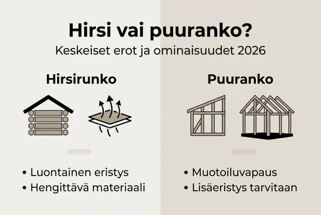 Infografiikka: hirsirakenteen ja puurakenteen erot käytännössä