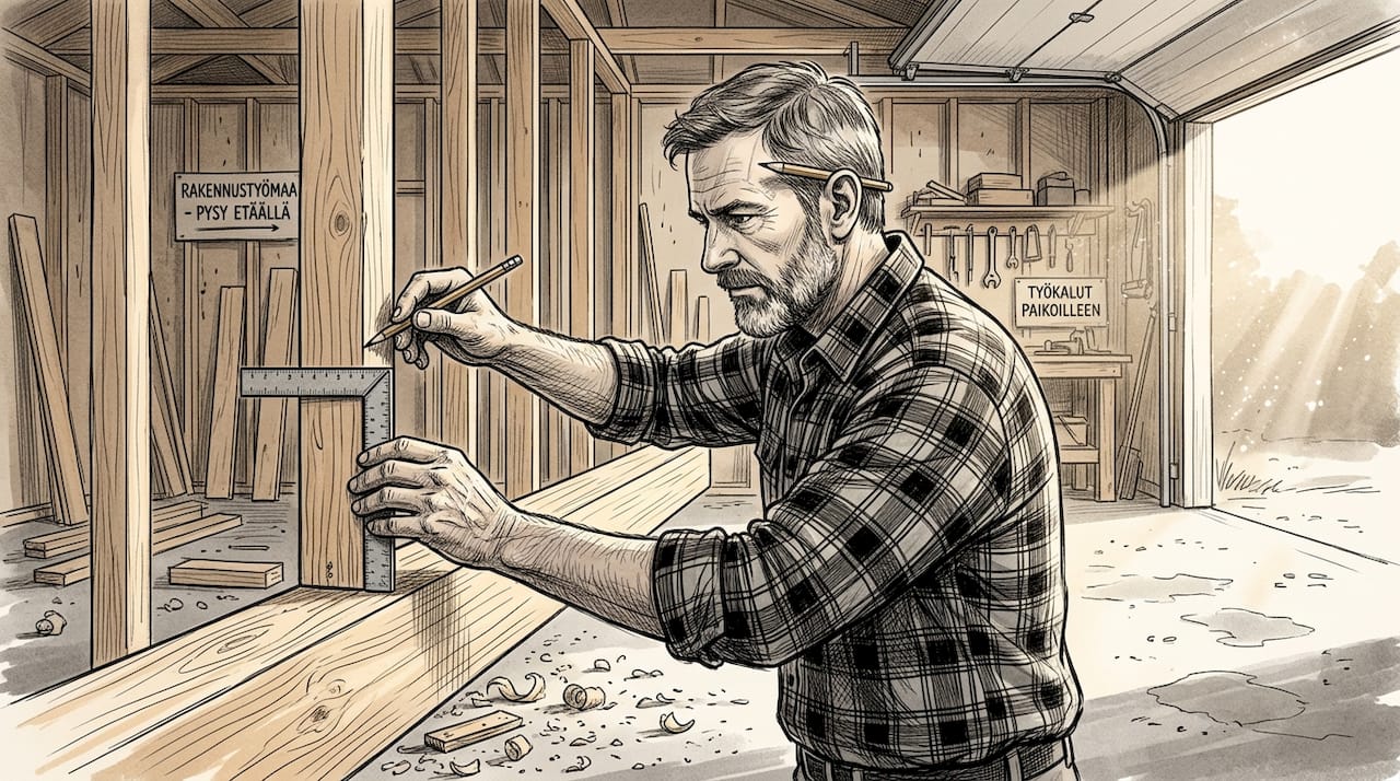 Puuseppä mittaamassa puutavaraa runkoa varten