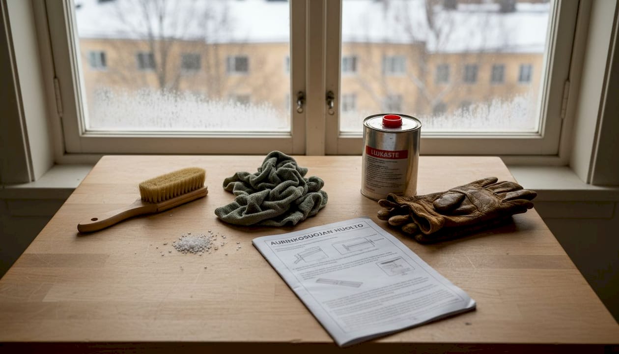 Talviauringonsuojien huoltotarvikkeet levällään keittiön pöydällä