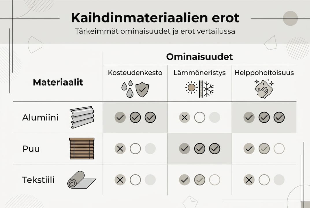 Kaaviokuva eri kaihdinmateriaalien ominaisuuksista