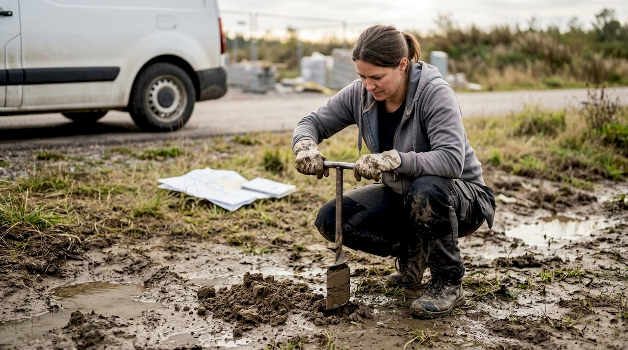 En tekniker tar jordprov inför markundersökning.