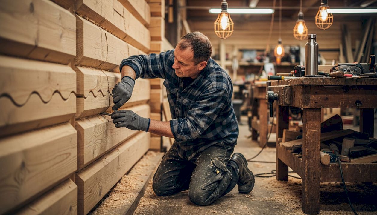 Carpenter scribing logs in timber workshop