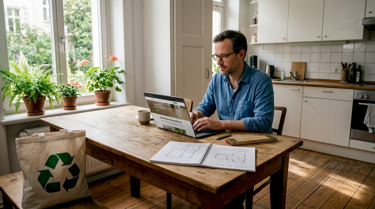 Ein Mann sitzt am Küchentisch und informiert sich am Laptop über verschiedene Bodenbeläge.