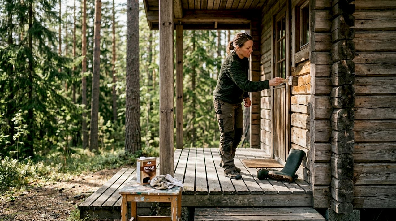 Kvinne som pusser opp og tar vare på utsiden av en finsk tømmerhytte