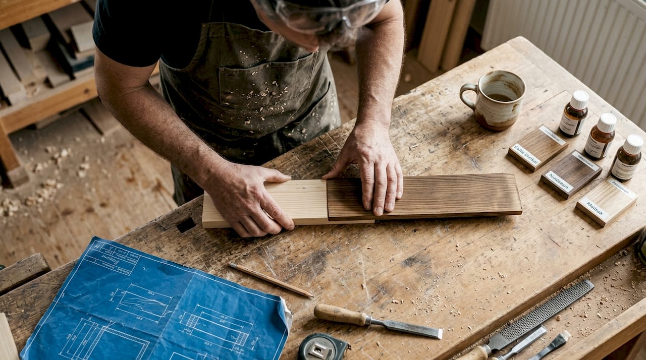 Ein Handwerker macht sich auf die Suche nach umweltfreundlichen Materialien für den Bau einer Sauna und prüft sorgfältig deren Nachhaltigkeit.