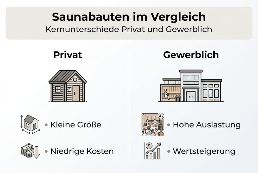 In dieser Infografik werden Unterschiede und Gemeinsamkeiten von privaten und gewerblichen Saunen übersichtlich gegenübergestellt.