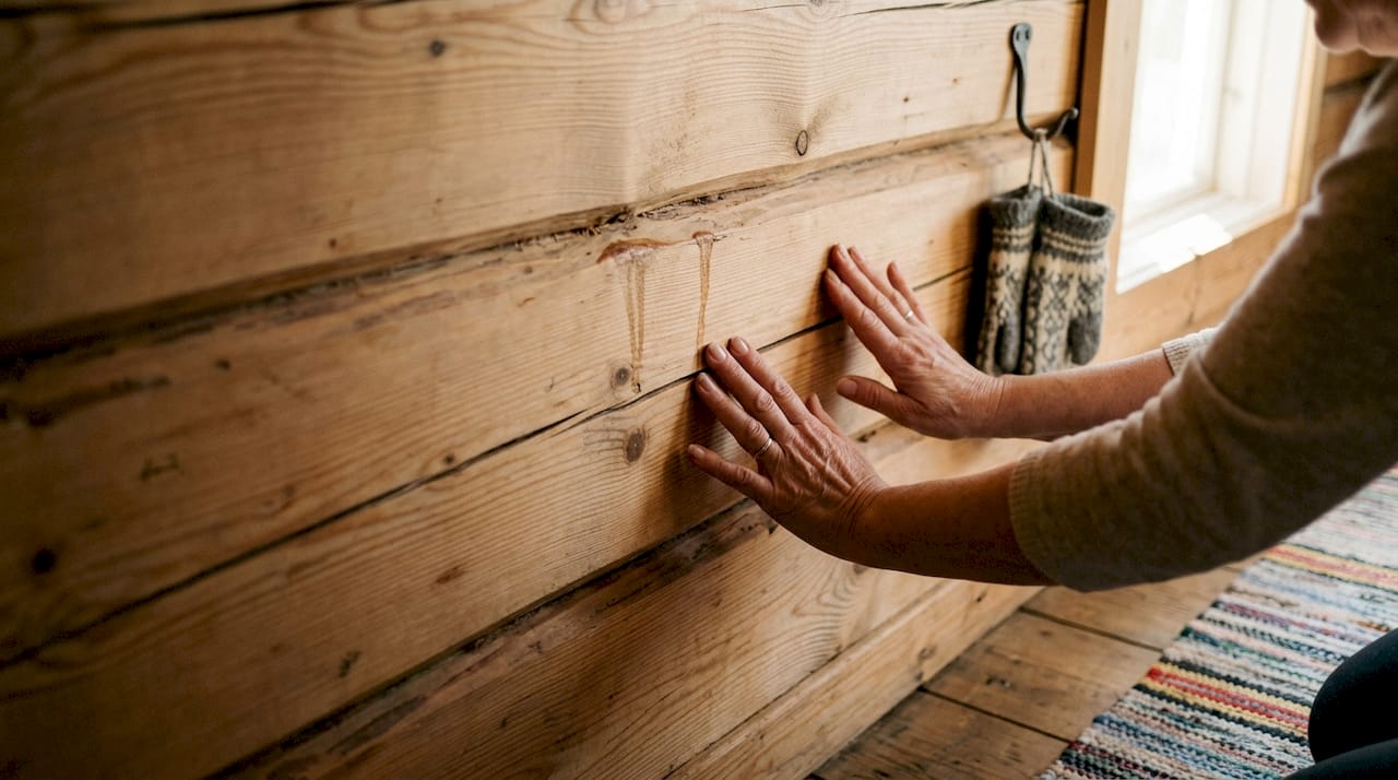 Hands touching Finnish pine log wall detail